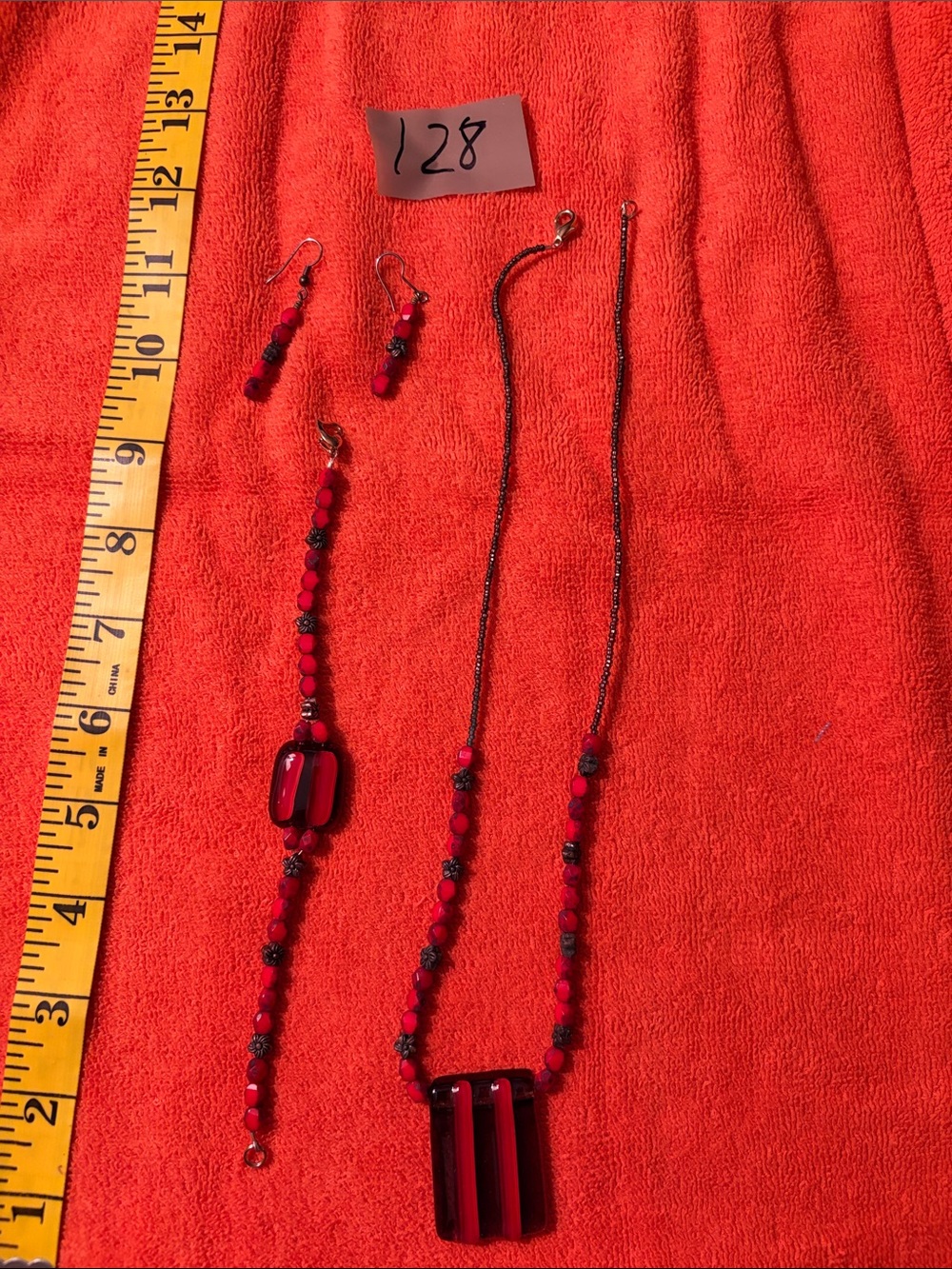 Red Bead Pendant Necklace and Bracelet Set - Women Jewelry